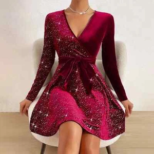 XMAS Damen Weihnachten V-Ausschnitt Pailletten A-Linie Pullover Samt Minikleid Partykleid - Bild 1 von 28