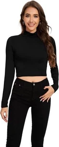 Women's Long Sleeve Crop Tops Slim Fit Cropped Mock Neck Base Layer soft Shirt - Picture 1 of 8