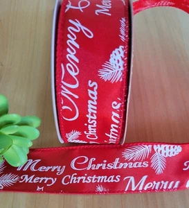 1,5 Zoll (letzte 4 1/2 Yard) verdrahtetes Weihnachtsband Frohe Weihnachten Tannenzapfen Kranz - Bild 1 von 1