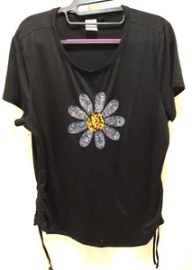 No Boundaries 3X Black Shirt Daisy Sequins Fantasy Floral Glam Flower V-Neck - Picture 1 of 8