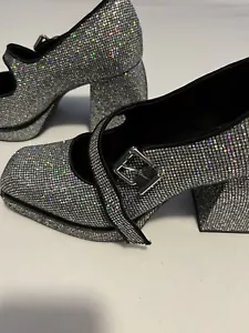 GB Gianni Bini Sparkle Silver Metallic Platform Heel Mary Jane Pumps Size 8.5 - Picture 1 of 10