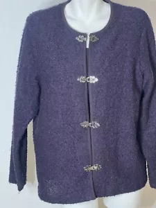 Women Purple Boucle Blazer Cardigan Large Metal Hook & Eye Closure Shirt Top - Picture 1 of 9