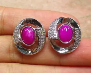 Genuine Pink Lavender Jade Cabochon Cubic Zirconia Flower 18KGP Stud Earrings - Picture 1 of 6