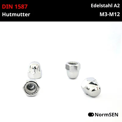 Hutmutter DIN 1587 M3 M4 M5 M6 M8 M10 M12 Edelstahl A2 V2A rostfrei Schutzmutter - Bild 1 von 4