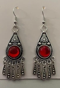 HANDMADE - Antique Silver Plated Chandelier Drop Earrings - Red - Picture 1 of 1