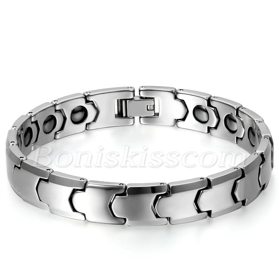 Men 10mm Wide Glossy Tungsten Carbide Charm Healthy Magnetic Bracelet Wrist Link - Image 1 of 3