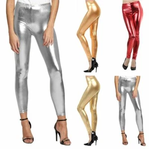 Women Disco Shiny Legging Stretch Ladies Club Dance Wear Fancy Dress Wet Look - Picture 1 of 4