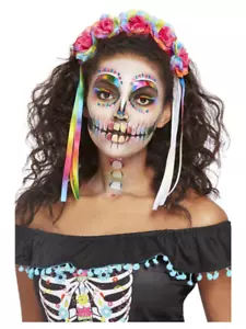 Hell Neon Mexikanisch Damen Kostüm Voll Make-Up Set + Stirnband Halloween - Bild 1 von 1