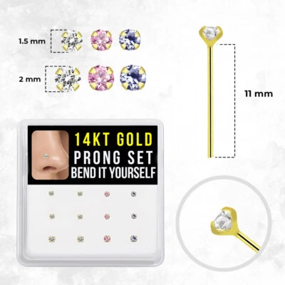 14K Gold 22G 11mm Prong Set Top Precious CZ Gems Fishtail Nose Stud Ring - Image 1 of 4