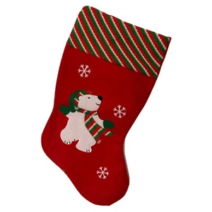 Christmas Stocking Super Plush 20" Red Green Embroidered Polar Bear Santa - Picture 1 of 10