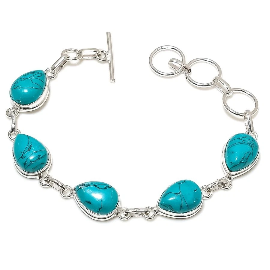 Brazalete Joyería Plata de Ley 925 Hecho a Mano con Piedras Preciosas Turquesa Azul Tamaño 7-8" Foto 1 de 1