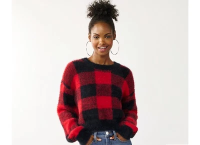 So Kohls 红色黑色水牛格子模糊毛衣尺寸特大号超柔软 — 第 1/4 张图片
