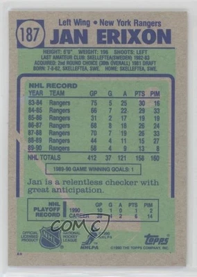 1990-91 Topps Blank Front Jan Erixon #187 - Image 1 of 2