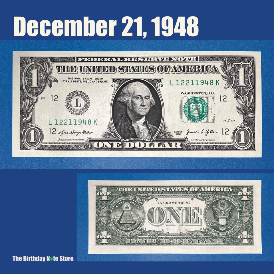 December 21, 1948 Birthday Anniversary $1 One Dollar Bill Serial Number 12211948 - Image 1 of 2