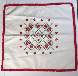 Vintage Embroidered Tablecloth Topper Red Roses Blue Floral Lace Trim 35" Square - Picture 1 of 11