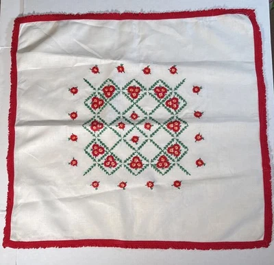 Vintage Embroidered Tablecloth Topper Red Roses Blue Floral Lace Trim 35" Square - Image 1 of 4