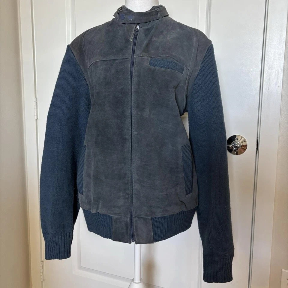 Vintage 70s Blue Leather and Knit Bomber Jacket Men’s Large - Image 1 of 4