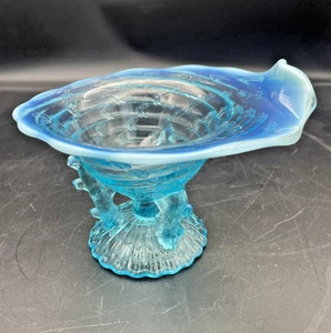 Northwood Glass Blue Glass Ocean Shell piatto con piedini, vetro vintage da collezione - Foto 1 di 10