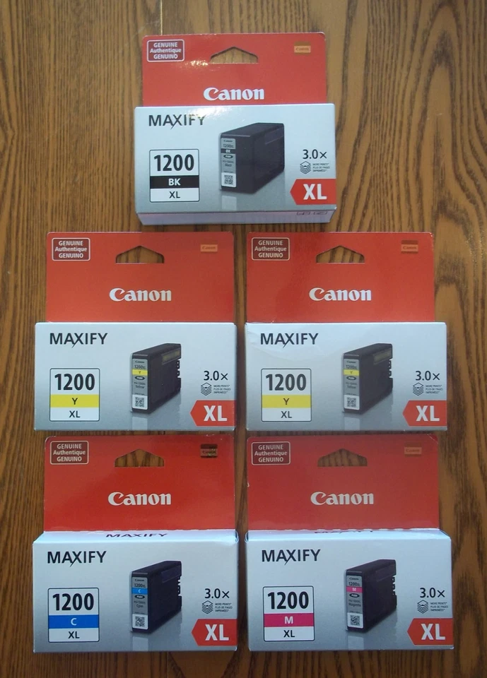 Cartuchos de impresión de inyección de tinta Canon PGI-1200 XL BK, C, M, Y, Y (lote de 5) - ¡genuinos! Foto 1 de 1