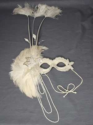 Vintage Gypsy Renaissance Hand made a Crafted Feather White Mask Masquerade - Image 1 of 4