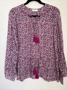 Megan Park Fuchsia Pink Floral Printed Blouse Size 2 M Cotton Silk Boho Top - Picture 1 of 9