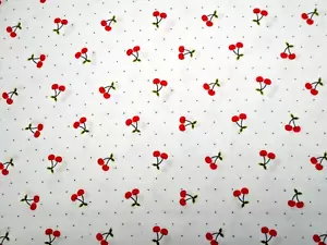 Quilt Fabric By The Yard Red Cherries Green Leaves on White Premium Cotton Fruit - Picture 1 of 2