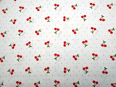 Quilt Fabric By Half-Yard Red Cherries Green Leaf on White Premium Cotton Fruit - Image 1 of 2