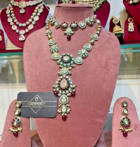 Classy Bollywood Kundan Polki Collana Set con Rubino e Pietra Verde Smeraldo - Foto 1 di 3