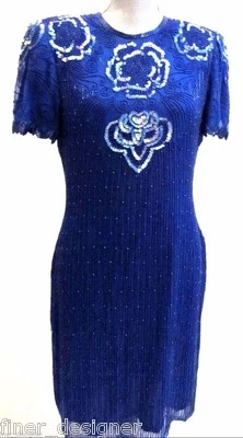 SCALA Dress Royal Sequin Beaded Cocktail Party Fancy Silk knee gown SZ S M VTG - Image 1 of 4