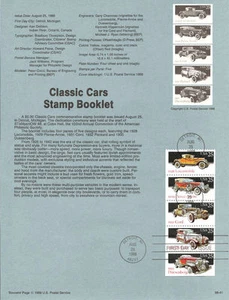 #8841 25c Classic Cars Stamps #2381-2385a USPS Souvenir Page - Picture 1 of 1