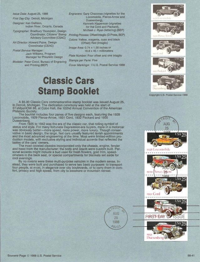 #8841 25c Classic Cars Stamps #2381-2385a USPS Souvenir Page - Image 1 of 1