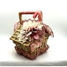 Vintage Wicker Basket w/ Pink Lace Bow Faux Flowers 4x4x8"