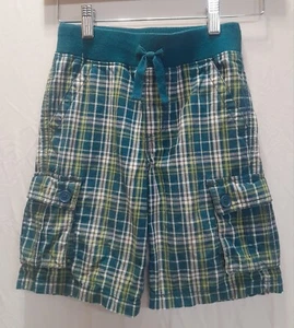 Gymboree Boy Size 7 Teal Plaid Cargo Shorts EUC Elastic Waist Pull-on + Pockets - Picture 1 of 13