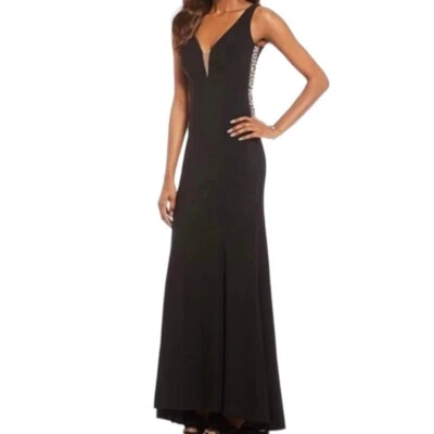 Vestido de Noche Xscape Talla 2 Negro Terciopelo Estrás Detalle Lateral Vestido Sirena Foto 1 de 4