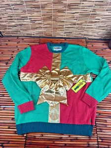 TIPSY ELVES SANTA GOLD BOW UGLY CHRISTMAS SWEATER Youth Unisex Size Large NWT - Picture 1 of 7