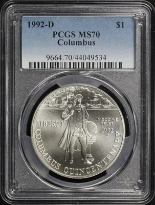 1992-D Columbus Quincentenary Silver Dollar Commemorative PCGS MS-70 - Image 1 of 2