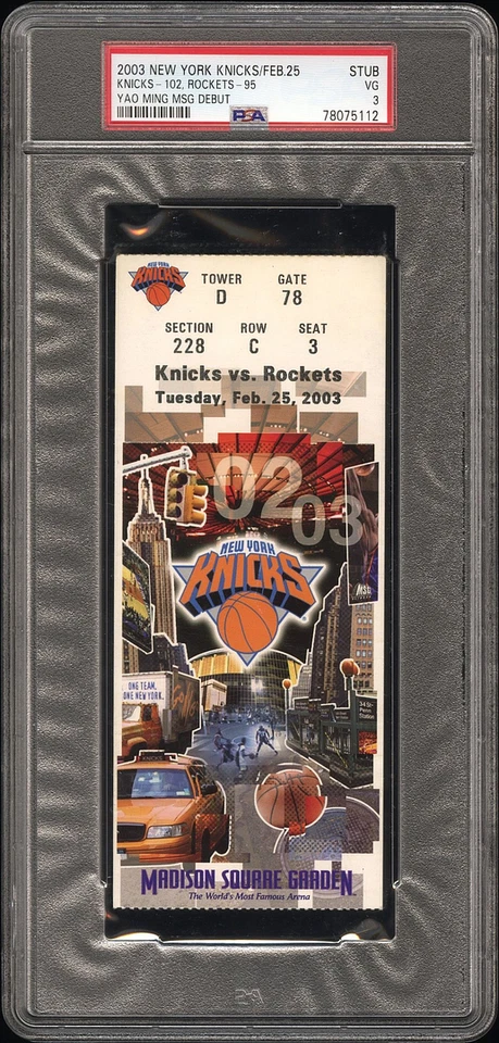 姚明第一场比赛 @ MSG - PSA 门票 2003 2/25 纽约尼克斯队休斯顿火箭队新秀 — 第 1/1 张图片