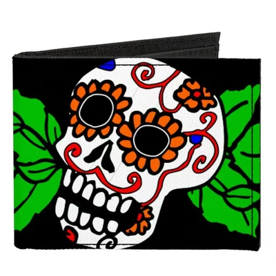 Canvas Bi-Fold Wallet Sugar Skull w/Roses & Heart - Image 1 of 3