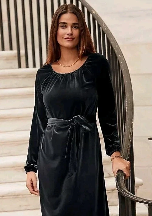 NUEVO Vestido Lands' End Gris Oscuro Terciopelo Corbata Cintura Campesino Midi 2X~20W~22W Foto 1 de 4