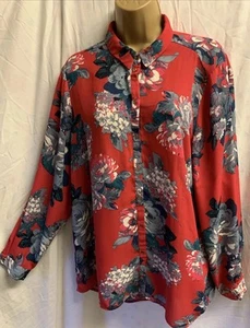 Red Chiffon Sheer Sze 18 Floral Rose Long Sleeved Blouse Shirt Hi Low Hem Top - Picture 1 of 18