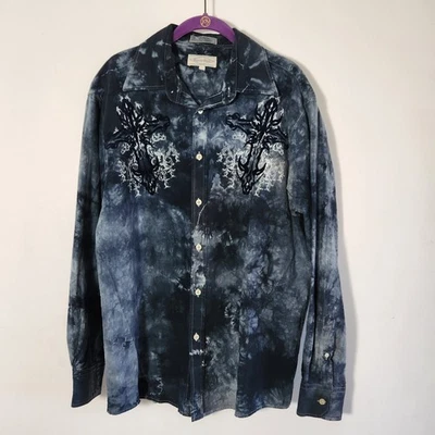 Vintage Eighty Eight Mens L  Tie Dye Button Down Shirt Velvet Cross Wings Y2K  - Image 1 of 4