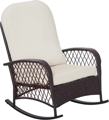 Mecedora Outsunny Exterior Mimbre con Asiento Ancho, Pequeña, Blanco Crema  Foto 1 de 4