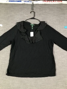 LRL Lauren Ralph Lauren Shirt Womens 2X Black Ruffle Polka Dot Collar Top NWT - Picture 1 of 11