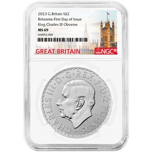 2023 U.K. 2 Pound Silver King Charles Britannia NGC MS69 FDI Great Britain Label - Picture 1 of 2