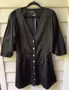 The Weft NWT Dress Silk Cotton Blend S 10 Black A-Line Puff Flare Sleeve Buttons - Picture 1 of 9