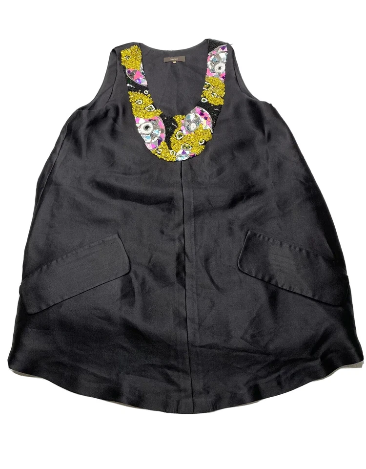 Vera Wang Womens Silk Cotton Cocktail Mini Tunic Dress Black Embellished Sz S P - Image 1 of 4