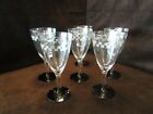 Antique Set 6 Clear Glass Goblets Optic Needle Etched black footed 1930's 8 Oz. 