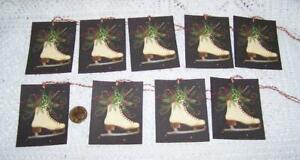 9~Christmas~Primitive~Ice Skate~Folk Art~Linen Cardstock~Gift~Hang~Tags~Ornies