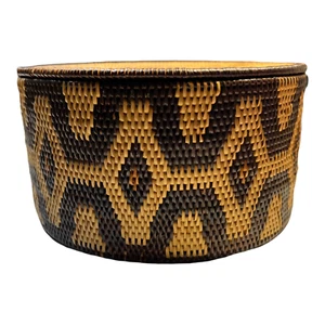 Antique Romblon Island Philippines Coil Basket With Lid Art Geometric Weave Tan - Picture 1 of 11