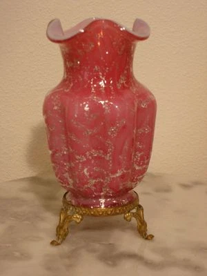 Jarrón victoriano antiguo arte vidrio Stevens and Williams plata mica soporte de metal Foto 1 de 3